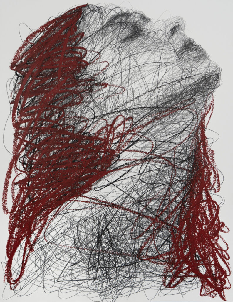 Grand visage au trait libre rouge et noir, intensité expressionniste.