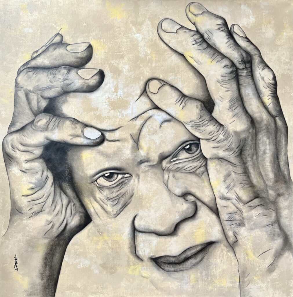 The Thought and the Hands (Oil, acrylic, black stone) – 120 x 120 cm – Frédérique SAMAMA