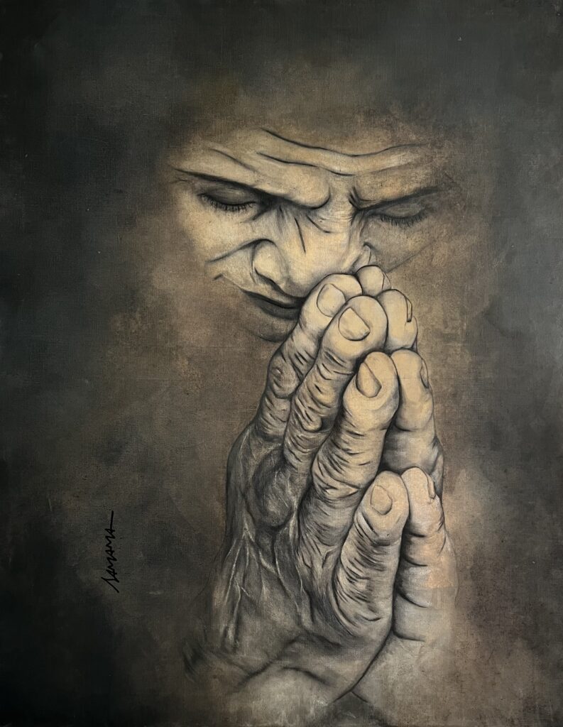 The Prayer – Mixed media (Oil, acrylic, black stone) – 92 x 73 cm – Frédérique SAMAMA
