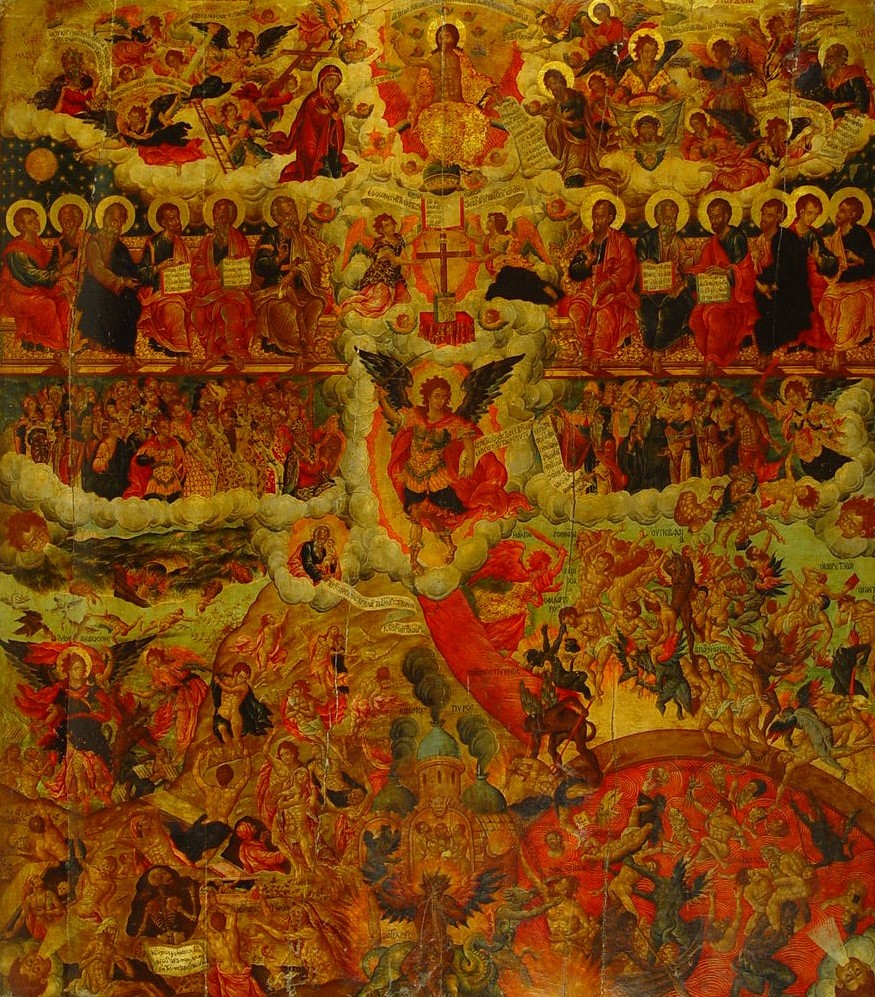 Dans Le Jugement dernier, le Christ en gloire est représenté en maître de l’univers, vainqueur de la mort et bénissant. Son retour sur terre marque la fin des temps et le jugement de l’humanité. Ce thème, élaboré au Moyen Âge, est un commentaire en image de plusieurs sources bibliques. La lecture de cette icône se fait de bas en haut.

La composition superpose les registres : le monde terrestre où les morts ressuscitent, le Paradis où les élus sont accueillis et l’Enfer où sont précipités les damnés. La scène reprend les conventions byzantines : les morts sortent de leurs tombeaux ou sont recrachés par les flots de la mer et par les bêtes sauvages ; les saints chantent les louanges de Dieu au Paradis avec le trône laissé libre pour le retour du Christ ; l’archange saint Michel pèse les âmes ; un fleuve de feu entraîne les pécheurs au fond de l’Enfer.

Cependant l’artiste introduit une influence occidentale : dans le groupe des damnés, des personnages sont repris du Jugement dernier de Michel-Ange à la chapelle Sixtine (1512). Des saints vénérés uniquement par les catholiques figurent aussi parmi les élus. Cette icône a peut-être été commandée par une communauté catholique de rite oriental