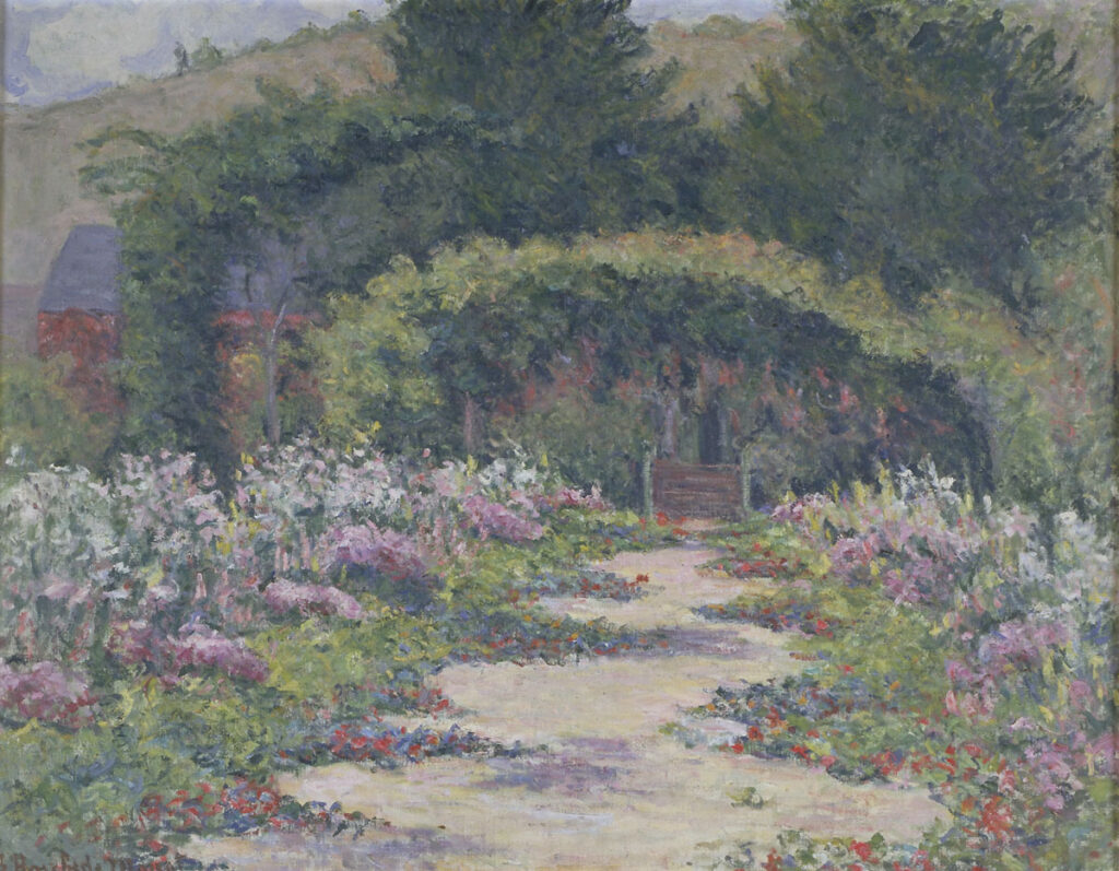Tableau impressionniste de Blanche Hoschedé-Monet représentant l’allée des rosiers à Giverny, avec arches fleuries, jardin luxuriant et maison Monet.