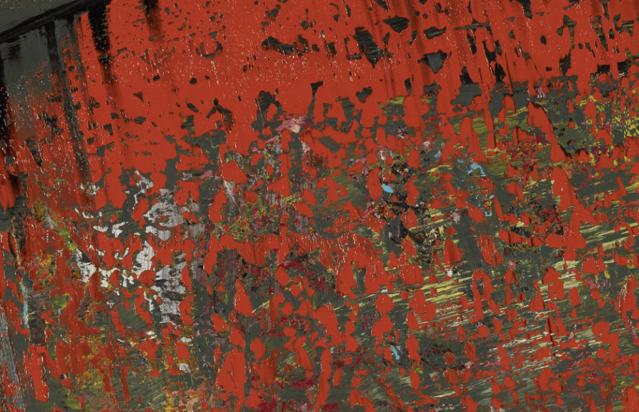 Gerhard Richter, Gudrun (1987) — abstraction rouge et gris au racloir, textures stratifiées.