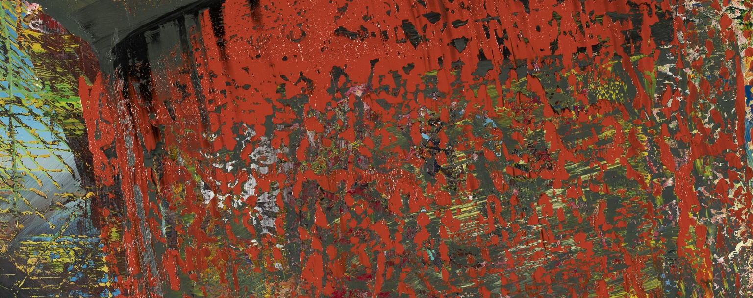 Gerhard Richter, Gudrun (1987) — abstraction rouge et gris au racloir, textures stratifiées.