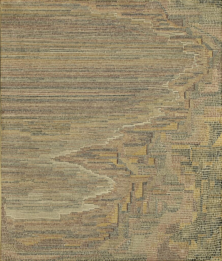Peinture abstraite de Paul Klee composée de milliers de petites formes carrées, formant des ondulations géométriques aux tons ocre, beige et bruns — œuvre intitulée Costa clásica, 1929