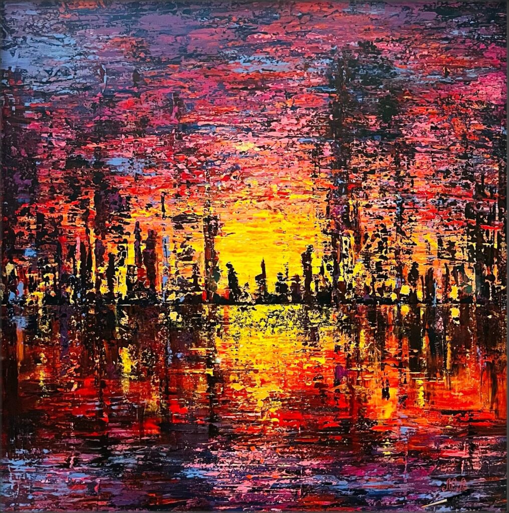 Painting by Nicole Azoulay titled Summer Glow, acrylic with palette knife on canvas, 80 x 80 cm, featuring vibrant and luminous colors.