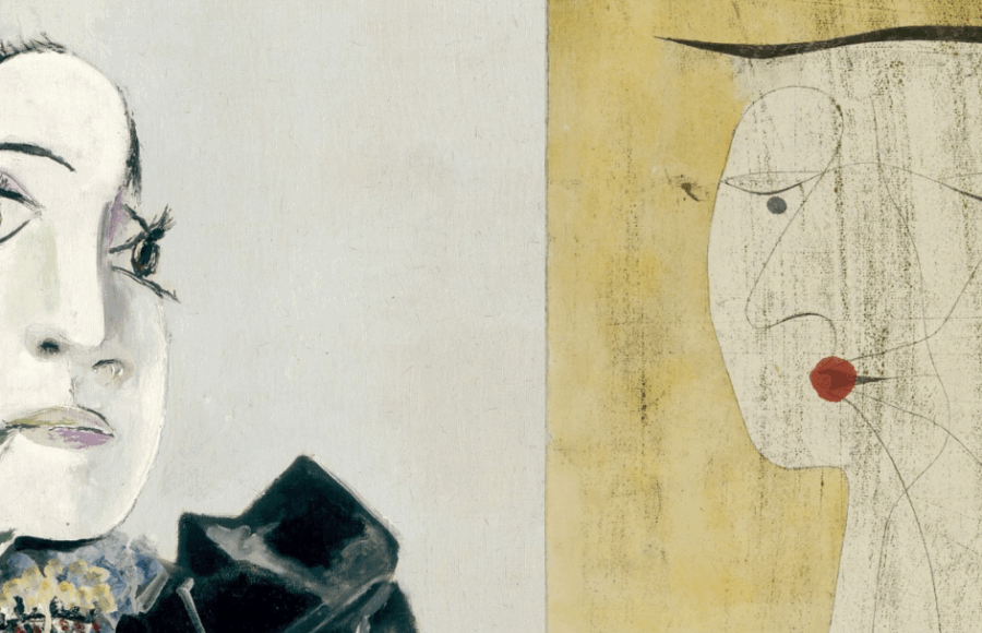 Portrait cubiste d'une femme assise en buste, vêtue d'un pull jaune à motifs graphiques, signé Picasso 1939 — huile sur toile, collection Heinz Berggruen Silhouette épurée d’un visage féminin sur fond ocre, traits noirs minimalistes et lèvres rouges — œuvre poétique et abstraite signée Paul Klee 1932
