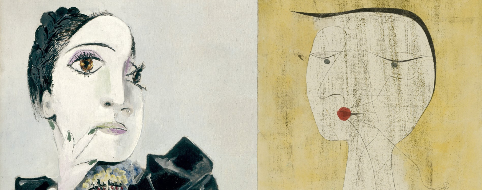 Portrait cubiste d'une femme assise en buste, vêtue d'un pull jaune à motifs graphiques, signé Picasso 1939 — huile sur toile, collection Heinz Berggruen Silhouette épurée d’un visage féminin sur fond ocre, traits noirs minimalistes et lèvres rouges — œuvre poétique et abstraite signée Paul Klee 1932