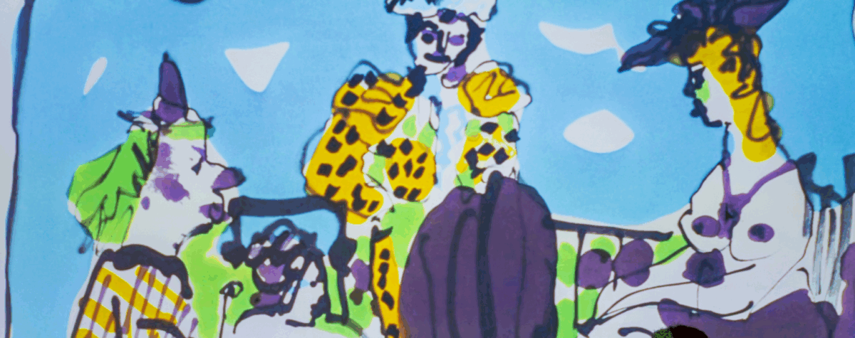 Détail coloré d’une œuvre de Pablo Picasso projetée à la Tate Modern, représentant des personnages stylisés en costumes, dans un style libre et expressif — exposition Théâtre Picasso, Londres 2025