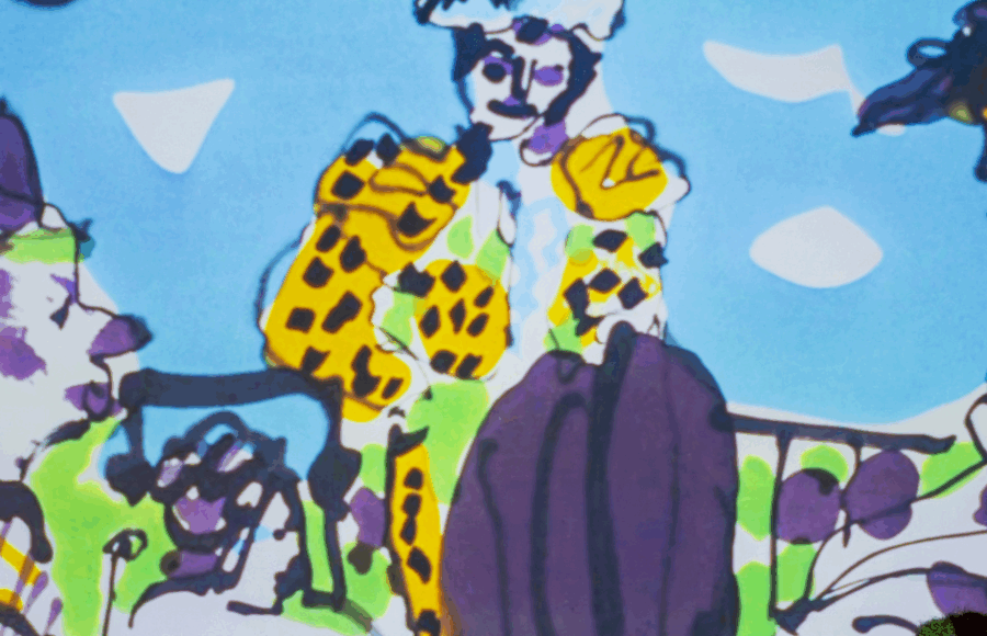 Détail coloré d’une œuvre de Pablo Picasso projetée à la Tate Modern, représentant des personnages stylisés en costumes, dans un style libre et expressif — exposition Théâtre Picasso, Londres 2025