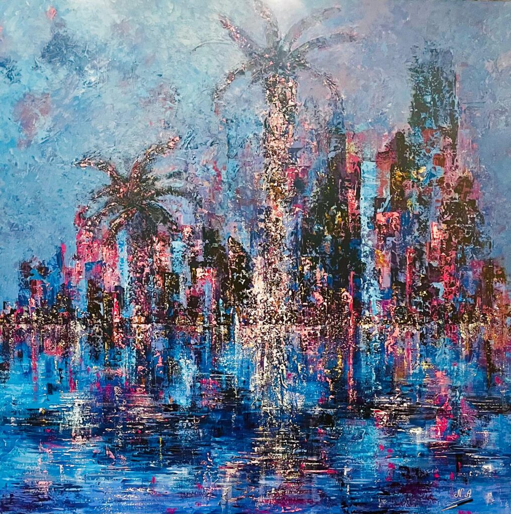 Painting by Nicole Azoulay titled Tropical Bursts, acrylic with palette knife on canvas, featuring vivid and contrasting colors inspired by tropical atmosphere