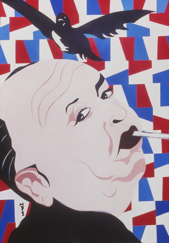 Œuvre colorée de Mezz Zapharelli, représentant un portrait stylisé d’homme chauve au visage expressif, fumant une cigarette, sur fond graphique rouge, blanc et bleu. Une silhouette d’oiseau noir plane au-dessus de la tête, évoquant un univers cinématographique et pop. Cette peinture mêle humour, tension visuelle et culture populaire, caractéristiques du style de Mezz Zapharelli.