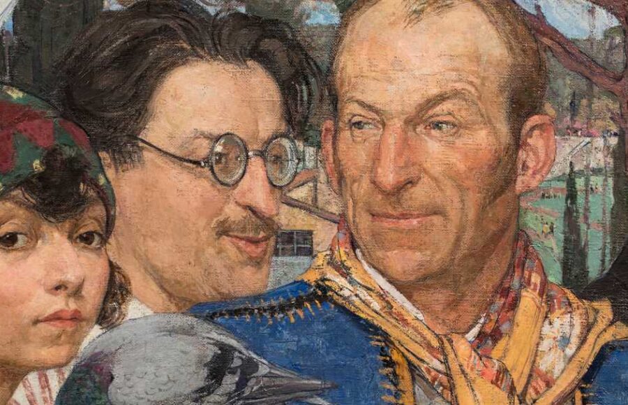 Portrait collectif peint par Odette Pauvert, montrant plusieurs personnages de face et de profil, dont une jeune femme coiffée d’un bonnet coloré et un homme vêtu d’un foulard jaune.