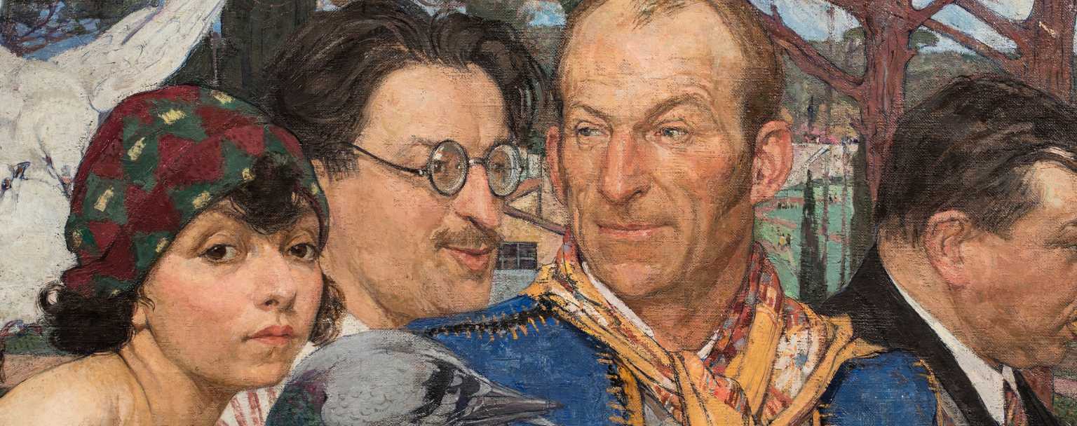 Portrait collectif peint par Odette Pauvert, montrant plusieurs personnages de face et de profil, dont une jeune femme coiffée d’un bonnet coloré et un homme vêtu d’un foulard jaune.