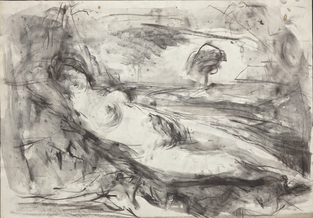 Reclining nude sketched in charcoal and wash by Eugène Leroy: swift line, white reserves acting as light. Exhibition MUba Tourcoing article art mag
