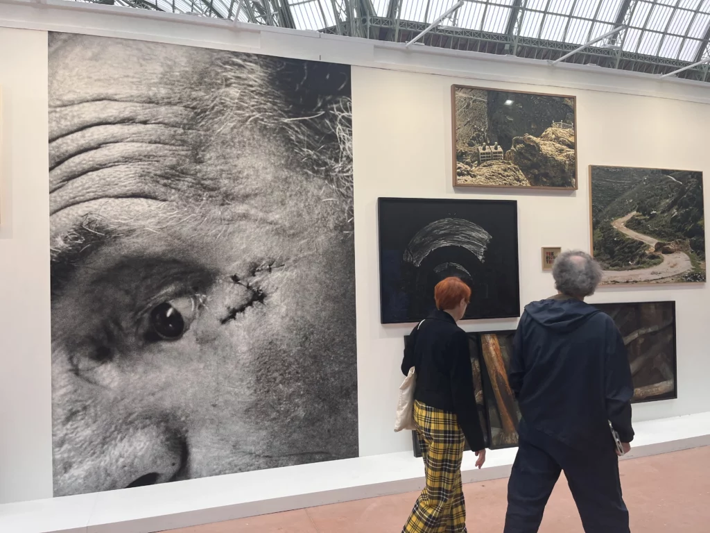  Poggi Gallery’s display at Paris Photo 2025, featuring a monumental black-and-white portrait of Sophie Ristelhueber with visible scars, surrounded by photographs of landscapes marked by conflict. Art Mag Magazine