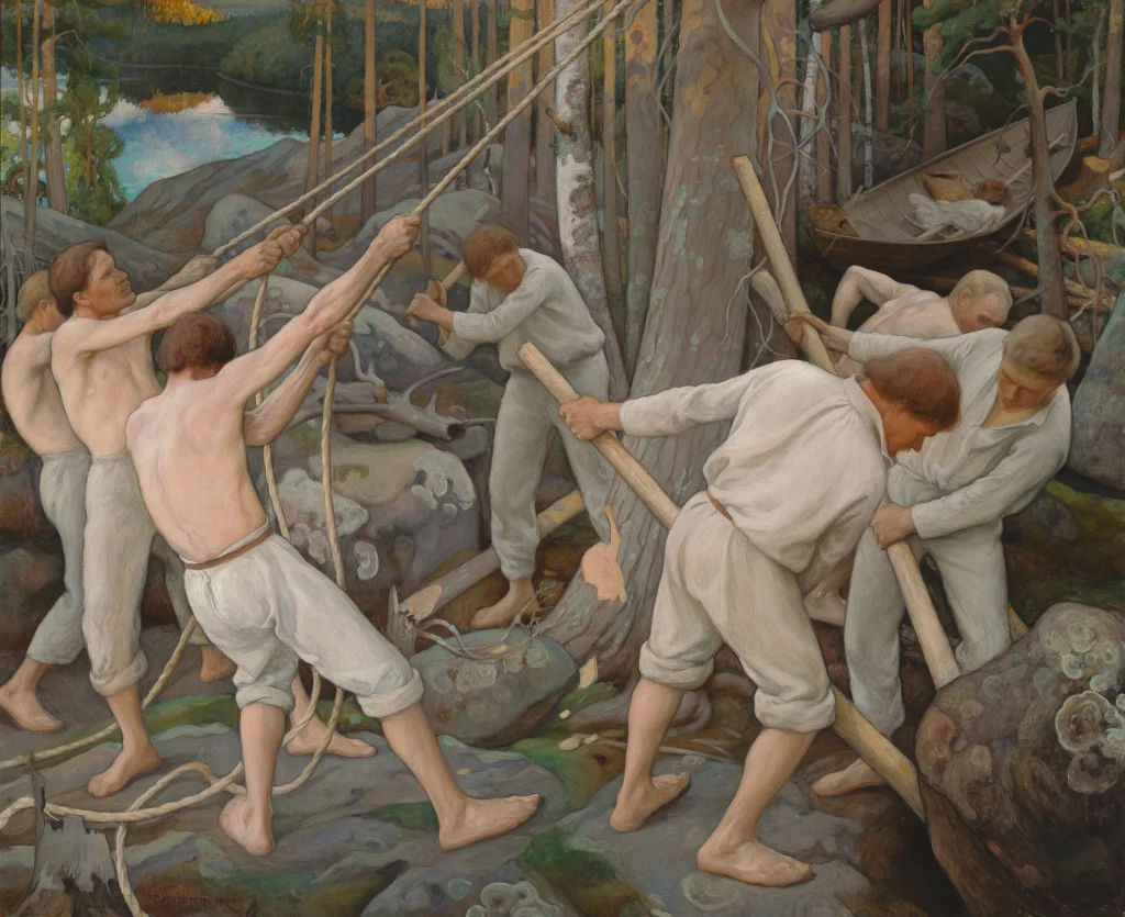 Painting by Pekka Halonen showing lumberjacks working together in the forest, cutting down a tree using long poles, in a northern landscape with soft and naturalistic tones.
