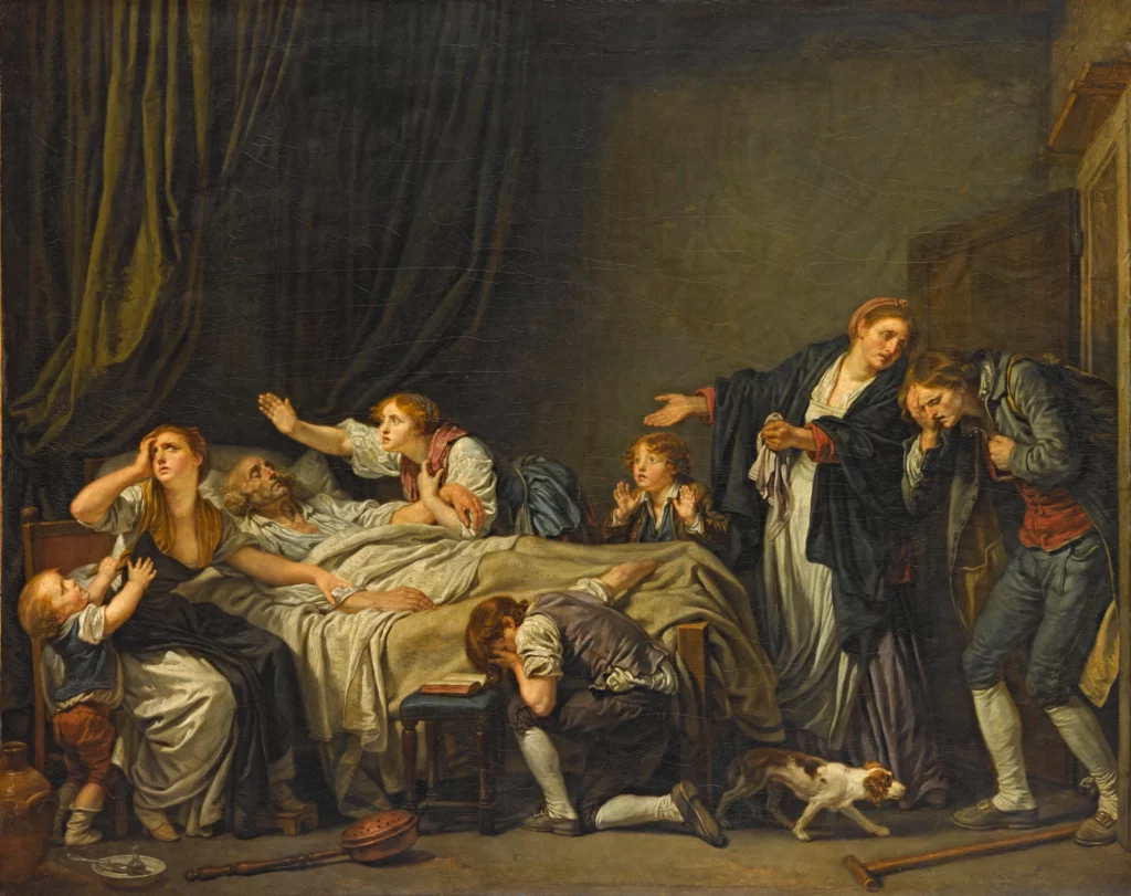 Peinture de scène dramatique montrant une famille réunie autour d’un père mourant allongé sur un lit. Les personnages expriment une grande détresse : une femme soutient le vieil homme, une jeune femme lève le bras dans un geste implorant, un enfant pleure, tandis qu’un jeune homme s’effondre à genoux, la tête dans les mains. À droite, deux adultes se tiennent à l’écart, accablés, et un petit chien traverse la scène au premier plan. L’intérieur sombre et les gestes expressifs renforcent l’atmosphère tragique et émotionnelle.