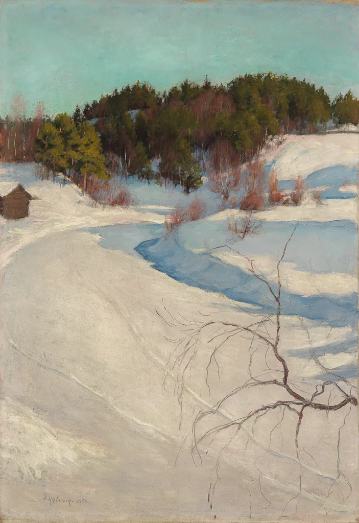 Snowy landscape by Pekka Halonen depicting a frozen river winding through the snow, lined with trees and Finnish forests, an iconic work of Nordic painting on display at the Petit Palais in Paris.