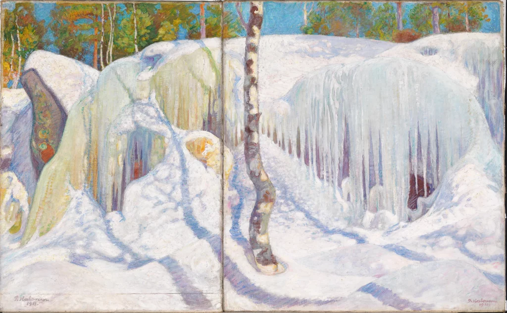 Diptyque de Pekka Halonen représentant un paysage hivernal finlandais, avec rochers et arbres recouverts de neige et de glace, explorant les variations de lumière et de texture, présenté au Petit Palais à Paris.