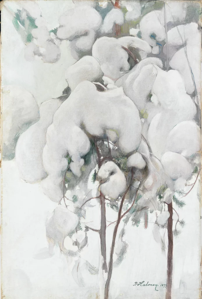 Painting by Pekka Halonen depicting snow-covered trees with rounded, luminous shapes, illustrating the Finnish forest in winter, exhibited at the Petit Palais in Paris.