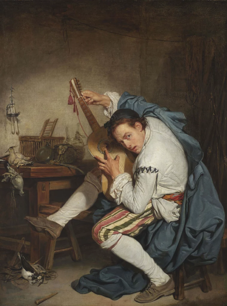Peinture de Jean-Baptiste Greuze représentant un jeune homme assis à l’intérieur, tenant une mandoline contre lui, dans une scène intimiste du XVIIIᵉ siècle aux accents moraux et sentimentaux.