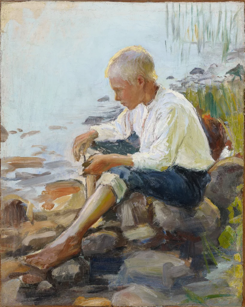 Painting by Pekka Halonen depicting a young boy sitting on rocks by the water, a naturalistic scene evoking childhood and the relationship with Finnish nature, exhibited at the Petit Palais in Paris. 