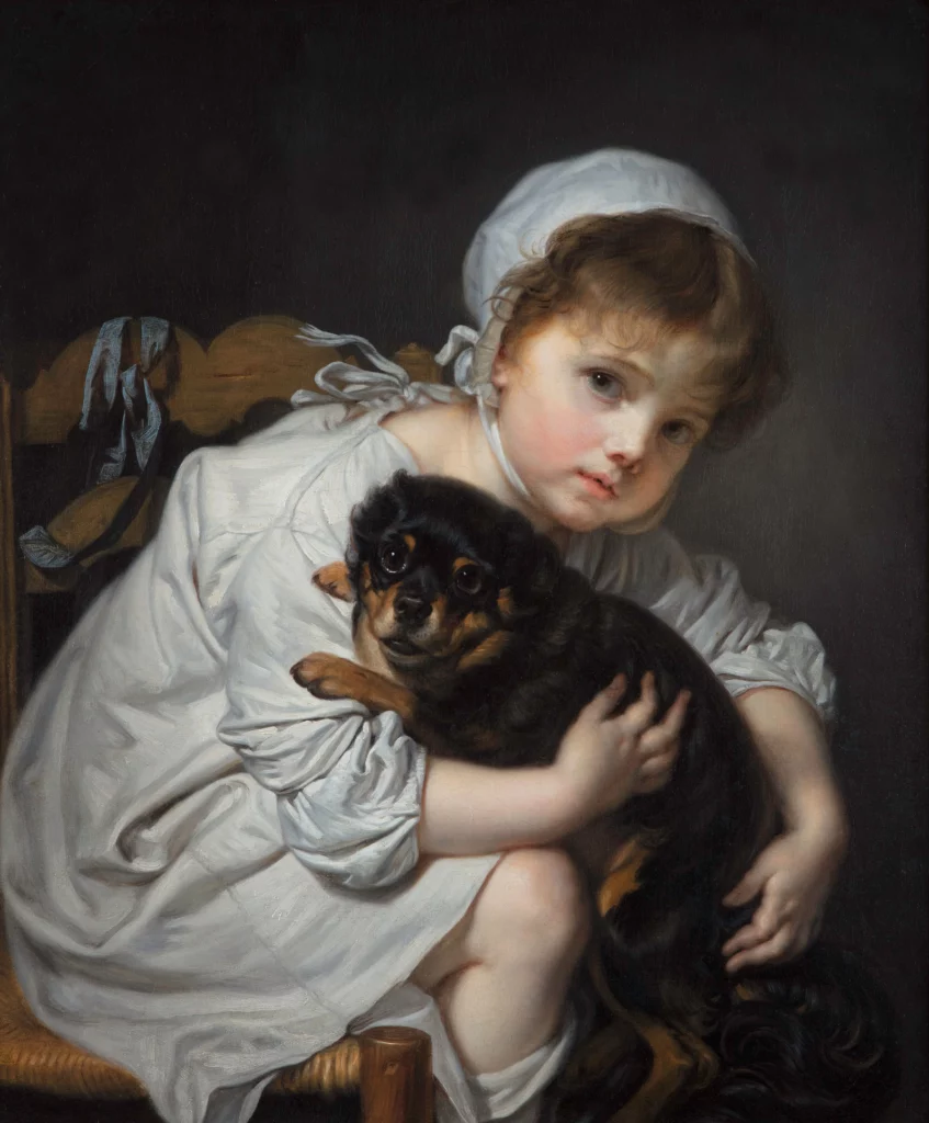 Peinture représentant une jeune enfant assise, vêtue d’une robe blanche et d’un bonnet clair, serrant tendrement un petit chien noir et marron contre elle. L’enfant regarde le spectateur avec une expression douce et mélancolique, sur un fond sombre qui met en valeur les visages et les textures des vêtements.