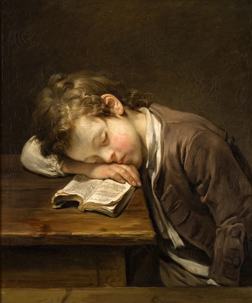 Peinture de Jean-Baptiste Greuze représentant un enfant endormi sur un livre, scène intime évoquant l’enfance et l’éducation au XVIIIe siècle, présentée au Petit Palais à Paris.