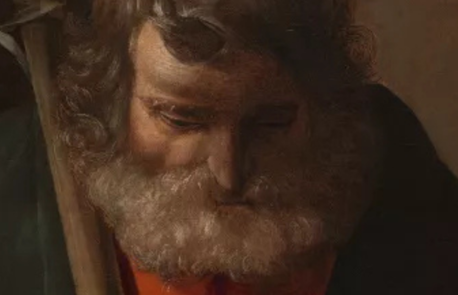 Saint Philip by Georges de La Tour, circa 1625, oil on canvas. The saint is depicted seated, his face pensive, in a soft light that illuminates his features and his clasped hands. 63.5 x 53.3 cm, on display at the Chrysler Museum of Art, Norfolk, Virginia.