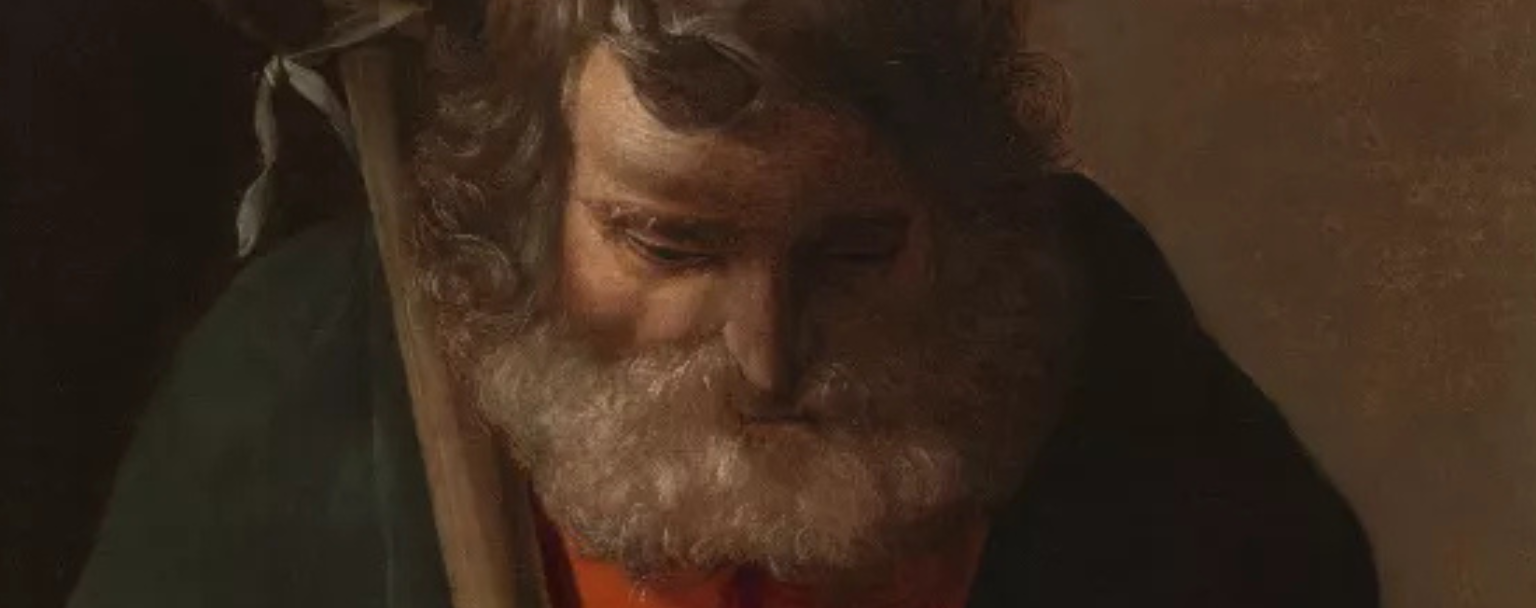 Saint Philip by Georges de La Tour, circa 1625, oil on canvas. The saint is depicted seated, his face pensive, in a soft light that illuminates his features and his clasped hands. 63.5 x 53.3 cm, on display at the Chrysler Museum of Art, Norfolk, Virginia.