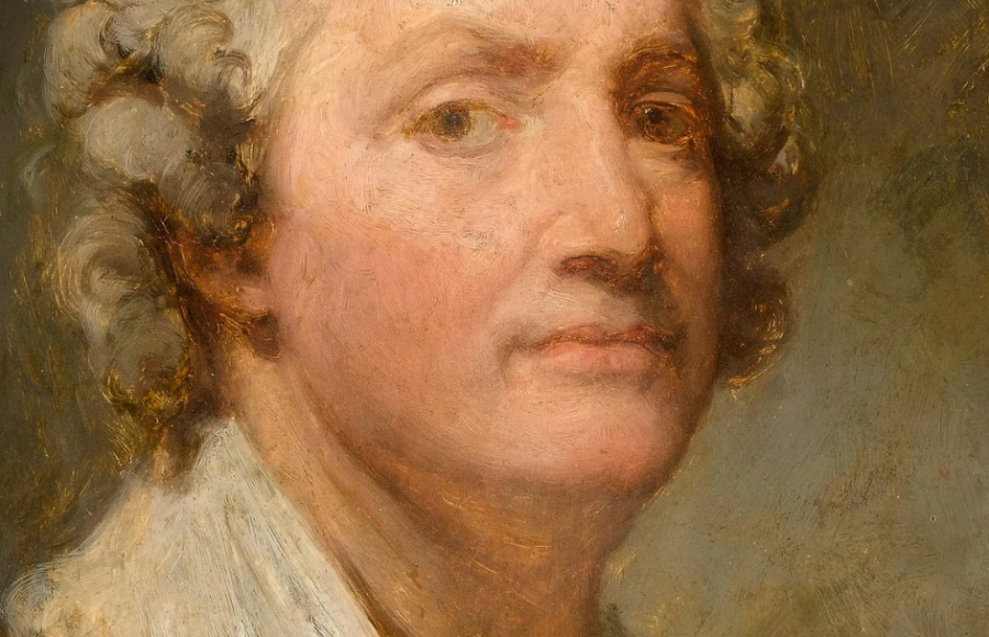 Painted portrait of an elderly person with curly grey hair, depicted in three-quarter profile against a dark background. The face is softly lit, with a calm and serious expression. The person is wearing dark clothing with a white collar, in a classical pictorial style with brown and gold tones.