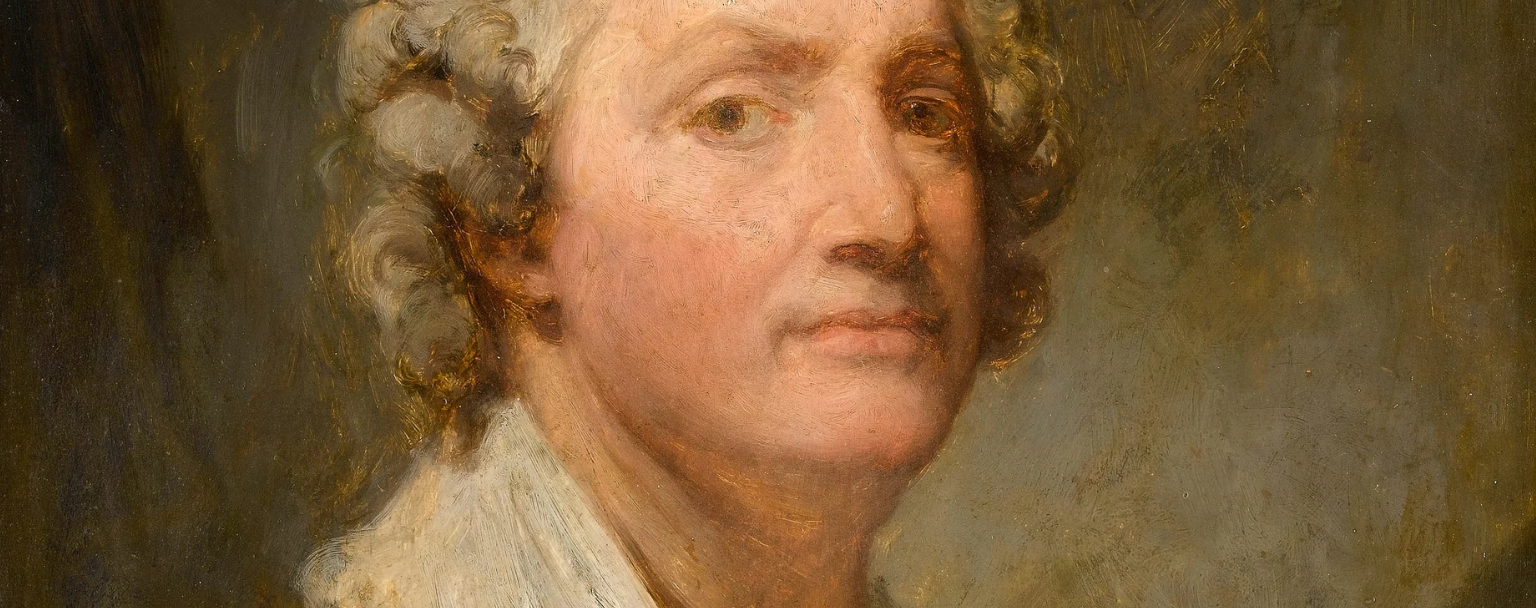 Painted portrait of an elderly person with curly grey hair, depicted in three-quarter profile against a dark background. The face is softly lit, with a calm and serious expression. The person is wearing dark clothing with a white collar, in a classical pictorial style with brown and gold tones.