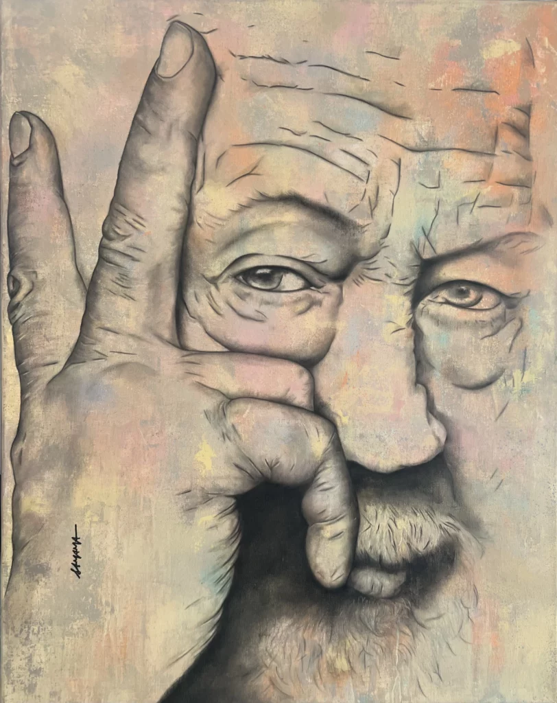 Peinture figurative contemporaine de Frédérique Samama, portrait masculin en gros plan, main devant le visage exprimant la contemplation, technique mixte huile, acrylique et pierre noire, œuvre d’art originale.