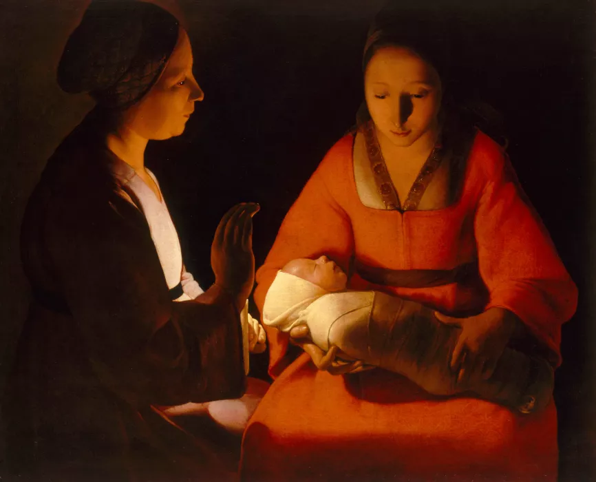 Georges de La Tour, « Le Nouveau-Né » (vers 1645), scène nocturne éclairée à la chandelle, exposée au musée Jacquemart-André à Paris du 11 septembre 2025 au 25 janvier 2026.