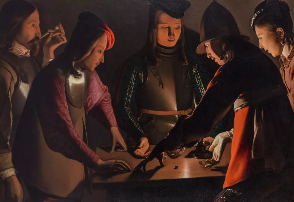 Georges de La Tour, ‘The Dice Players’ (circa 1650–1651), a Caravaggio-esque genre scene in chiaroscuro, on display at the Jacquemart-André Museum (exhibition 2025–2026).