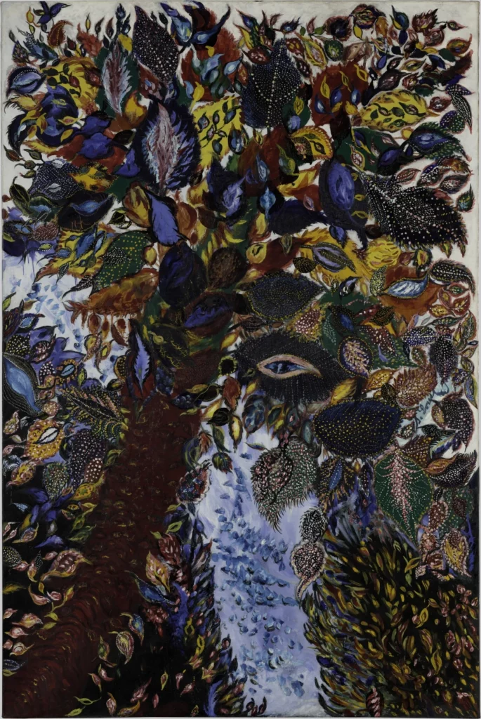 Peinture abstraite et foisonnante représentant une forêt imaginaire dense, composée de feuilles multicolores, de formes organiques et de textures pointillistes, avec un sentier clair traversant la composition.
