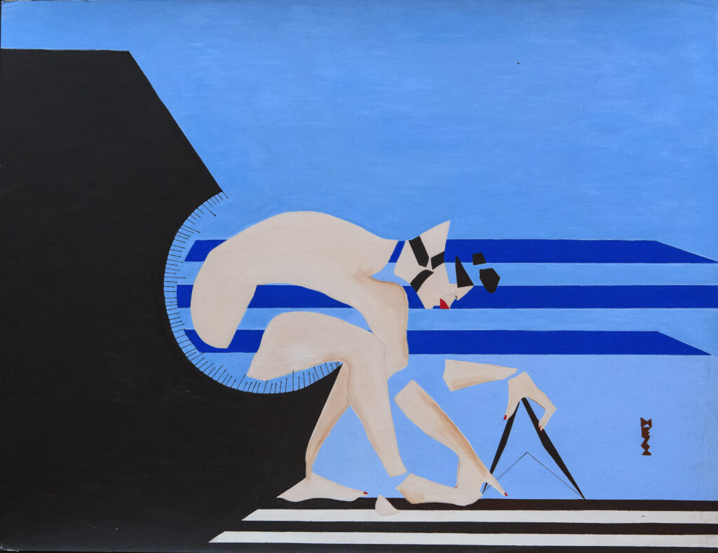 Contemporary painting by Mezz Zapharelli depicting a stylized figure using a compass, set against a blue background with geometric lines and black-blue contrasts