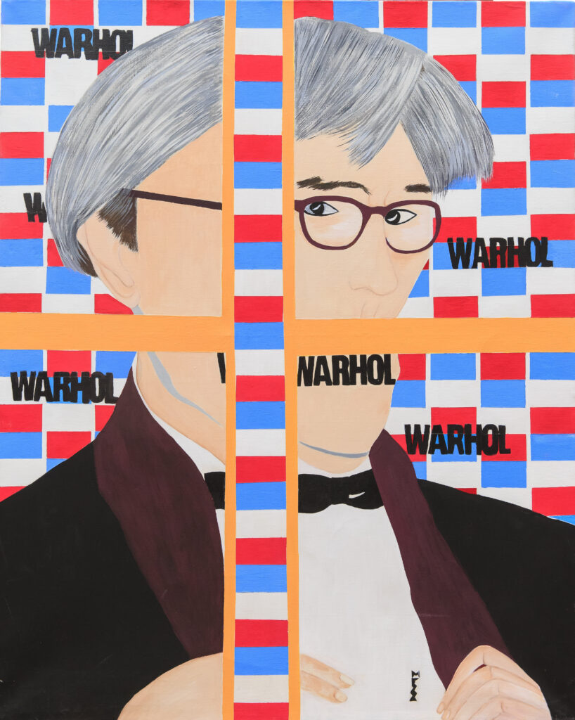 Peinture contemporaine de Mezz Zapharelli montrant un portrait stylisé fragmenté en quatre panneaux, avec un fond géométrique rouge, bleu et blanc et le mot “WARHOL” répété en arrière-plan