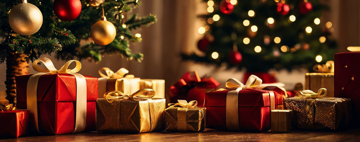 Cadeaux de Noël emballés dans du papier rouge et doré, disposés sous un sapin décoré de boules et de guirlandes lumineuses, dans une ambiance chaleureuse et festive.