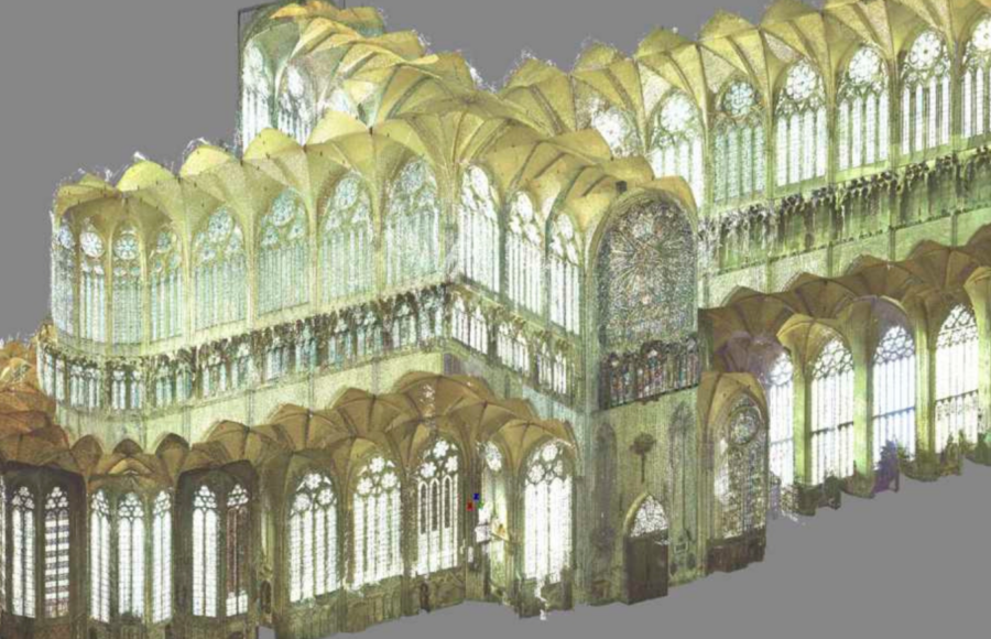 Vue numérique en transparence de la cathédrale d’Amiens révélant la structure gothique et la lumière des verrières, issue du projet e-cathédrale (Université de Picardie Jules Verne).