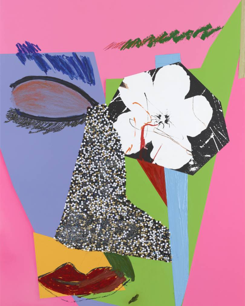 A colourful abstract composition combining collages, sparkling textures and geometric shapes, depicting a stylised face with red lips, a closed eye and a large white flower on a pink background.