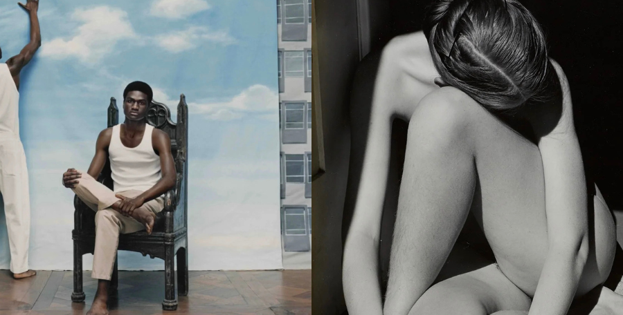 Photographic diptych: on the left, two black men in a contemporary setting by Tyler Mitchell, one seated in an armchair and the other standing in front of a painted backdrop; on the right, a black-and-white female nude photographed by Edward Weston, her body curled up in contrasting light.