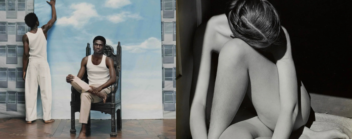 Photographic diptych: on the left, two black men in a contemporary setting by Tyler Mitchell, one seated in an armchair and the other standing in front of a painted backdrop; on the right, a black-and-white female nude photographed by Edward Weston, her body curled up in contrasting light.