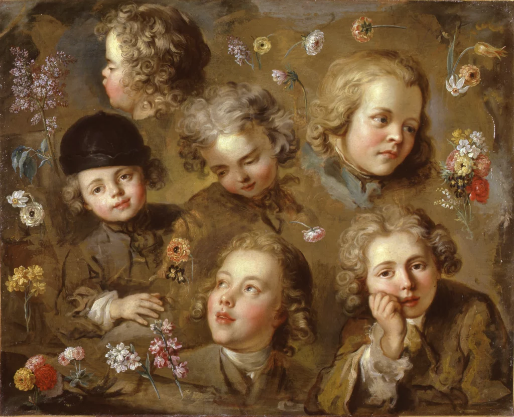 Anonymous, Six Heads of Young Boys and Flowers, c. 1770, oil on canvas, 95 × 113 cm, Amiens, Musée de Picardie, inv. M.P. Lav.1894.170. © Marc Jeanneteau / Musée de Picardie