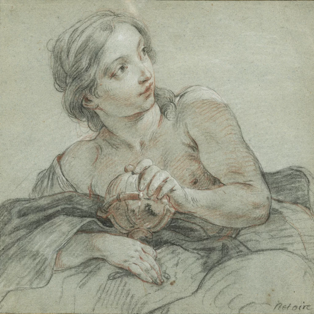 François Lemoyne, Study of a Woman for Urania, c. 1732–1736, black chalk, white chalk and red chalk on paper, 25.3 × 25.5 cm, private collection. © D.R.