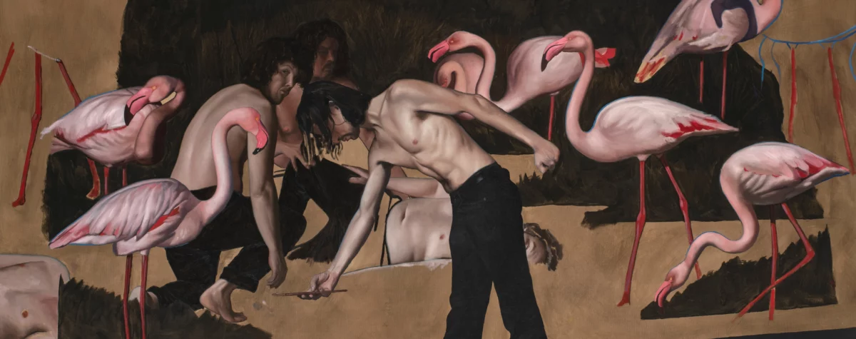 Peinture figurative contemporaine de François Malingrëy montrant des corps masculins en tension parmi des flamants roses, clair-obscur dramatique.
