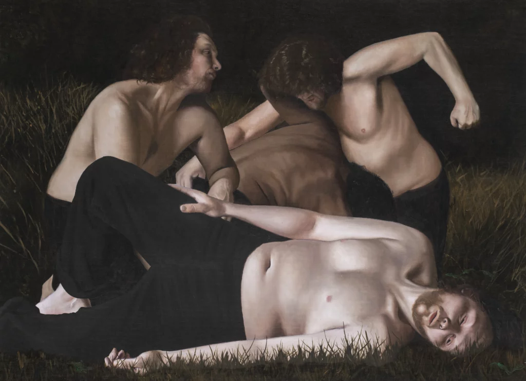 Huile sur toile de François Malingrey montrant un groupe d’hommes nus au sol dans une scène de lutte violente et dramatique, corps entremêlés dans une atmosphère sombre, peinture figurative contemporaine, 2024.