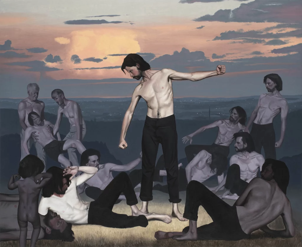Peinture contemporaine de François Malingrey représentant des hommes nus engagés dans une scène de combat au crépuscule, figures expressives dans un paysage nocturne, huile sur toile, 2024.
