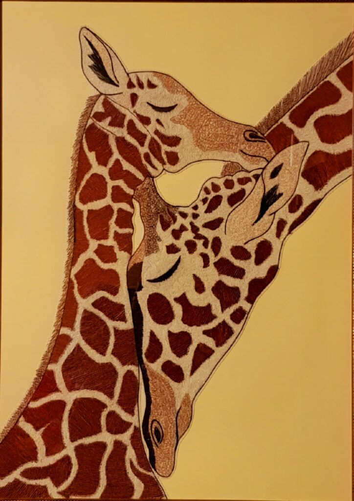 Amour Fusionnel – Contemporary embroidery by Willfreed depicting two intertwined giraffes, symbolizing tenderness, emotional connection, and harmony.