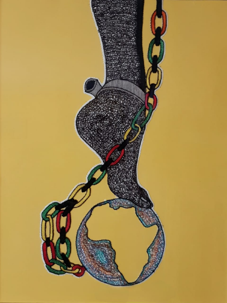 Gorée – A committed textile artwork by Willfreed evoking memory, slavery, and the quest for freedom through a powerful symbolic composition.